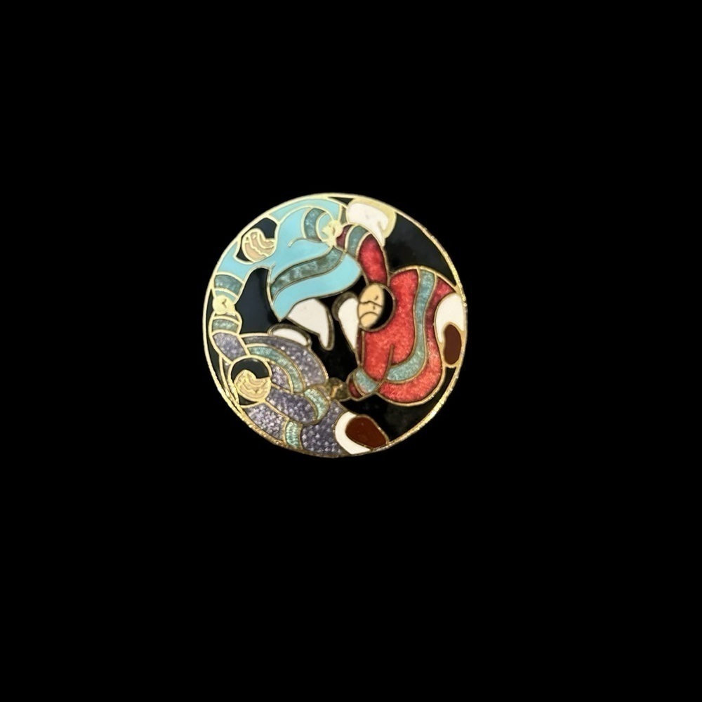 Vintage Signed Artique Barbara Lavallee Cloisonné Dancing Ladies Alaskan Brooch